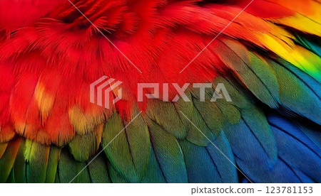 Vibrant Parrot Feather Close-Up Showing Overlapping Red, Yellow, and Blue Layers in High Detail 123781153