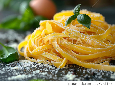 Homemade raw pasta with flower and basil on kitchen table.Macro.AI Generative. Homemade raw pasta with flower and basil on kitchen table.Macro.AI Generative. 123781182