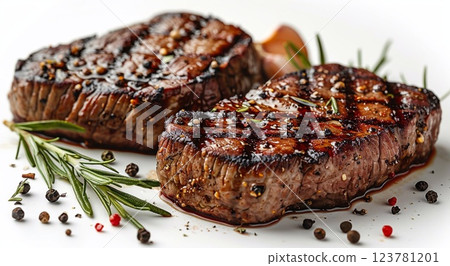 Juicy beef sirloin fillet grilled steaks with pepper and rosemary on white background.AI Generative. Juicy beef sirloin fillet grilled steaks with pepper and rosemary on white background.AI Generative. 123781201