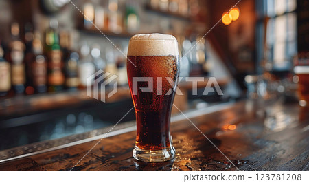 Pub counter with glass of craft dark red ale beer in old brewery.Macro.AI Generative. Pub counter with glass of craft dark red ale beer in old brewery.Macro.AI Generative. 123781208