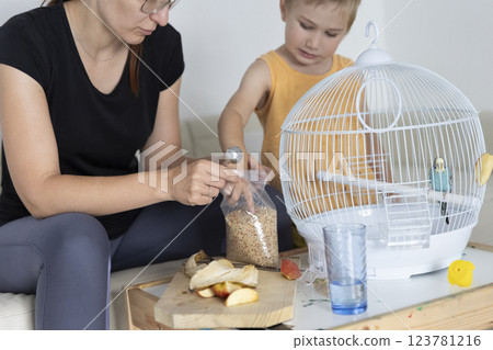 Mother and son preparing food for pet budgie bird in cage Mother and son preparing food for pet budgie bird in cage 123781216