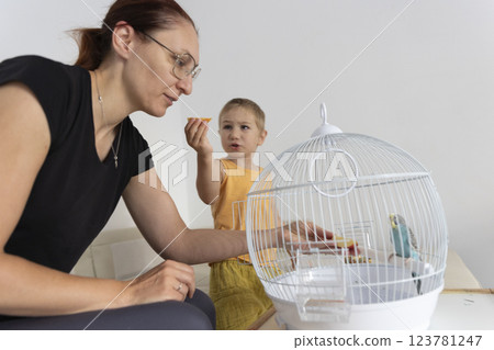 Mother and son feeding a parrot in a cage at home Mother and son feeding a parrot in a cage at home 123781247