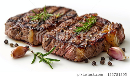 Grilled sirloin beef steaks with garlic and rosemary on white background.Macro.AI Generative. 123781295