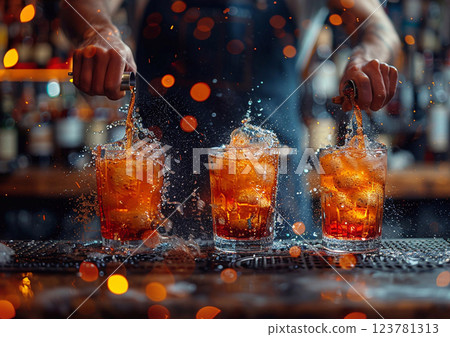 Bartender preparing spritz cocktail, pouring spritz into glass with ice cubes.Macro.AI Generative. 123781313