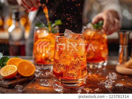 Bartender preparing spritz cocktail, pouring spritz into glass with ice cubes.Macro.AI Generative. 123781314