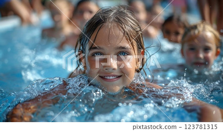 Happy little girl playing with other kids in swimming pool in aquapark.Macro.AI Generative. Happy little girl playing with other kids in swimming pool in aquapark.Macro.AI Generative. 123781315