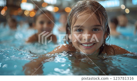 Happy little girl playing with other kids in swimming pool in aquapark on summer.AI Generative. 123781316