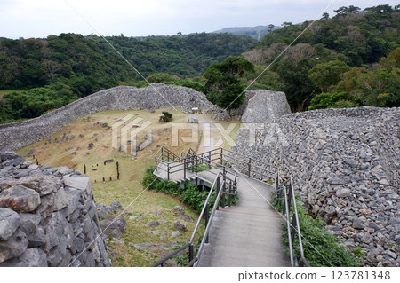 Okinawa Prefecture, Nakijin Castle Ruins, Shikimamon Castle Stone Walls Okinawa Prefecture, Nakijin Castle Ruins, Shikimamon Castle Stone Walls 123781348