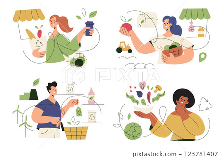 Eco friendly choices vector illustration set, people at farmers market, selecting green products in supermarket, supporting sustainable living, zero waste consious lifestyle. Flat cartoon characters 123781407