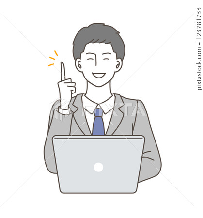 Illustration of a man in a suit explaining a point in front of a laptop Illustration of a man in a suit explaining a point in front of a laptop 123781733