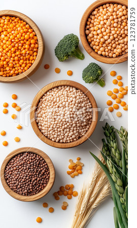 Wooden bowls filled with various grains, legumes, and fresh vegetables on white background 123781759
