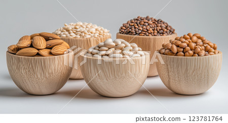 Wooden bowls filled with various grains and legumes arranged neatly on surface 123781764