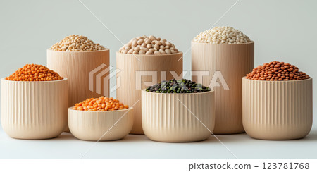 Wooden bowls filled with various grains and legumes arranged neatly 123781768