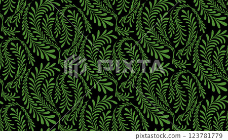 Green fern pattern seamless on dark background. Floral seamless pattern. Fern leaf with swirling leaves, perfect for textiles, wallpaper, and decorative backgrounds. Green fern pattern seamless on dark background. Floral seamless pattern. Fern leaf with swirling leaves, perfect for textiles, wallpaper, and decorative backgrounds. 123781779