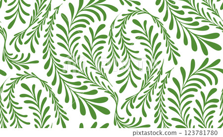 Green fern pattern seamless on a white background. Elegant nature fern leaf pattern with swirling leaves, perfect for textiles, wallpaper, and decorative backgrounds. 123781780
