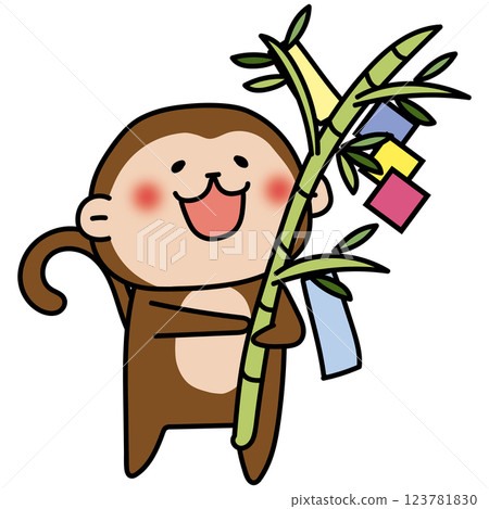 A monkey holding a bamboo with Tanabata decorations A monkey holding a bamboo with Tanabata decorations 123781830