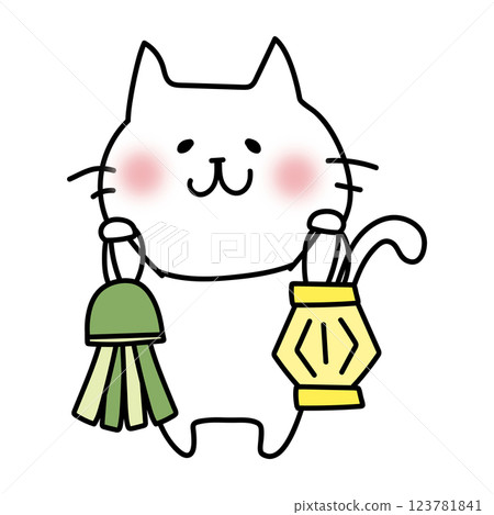 White cat holding a Tanabata decoration White cat holding a Tanabata decoration 123781841