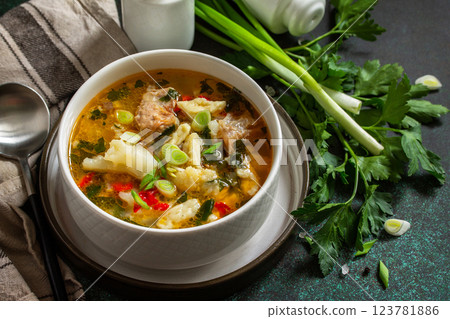 Hot delicious beef soup. Homemade soup with meat, vegetables and gnocchi on a dark stone background. 123781886