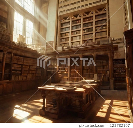 神秘的燈光照進一座古老的圖書館 123782107