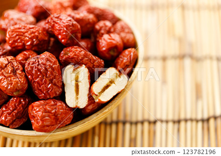 Dried red Chinese dates, jujube in a bowl 123782196