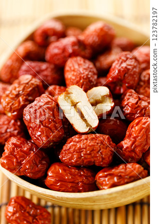Dried red Chinese dates, jujube in a bowl 123782197