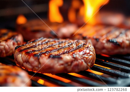Succulent Flame-Grilled Gourmet Beef Patties Sizzling on Open Barbecue with Rising Flames A Culinary Masterpiece in Premium Food Photography Succulent Flame-Grilled Gourmet Beef Patties Sizzling on Open Barbecue with Rising Flames A Culinary Masterpiece in Premium Food Photography 123782268
