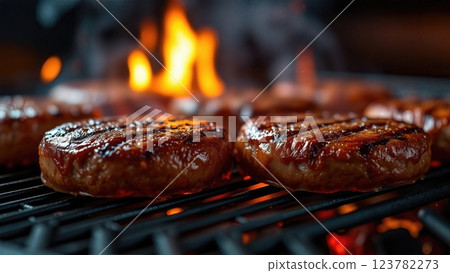 Succulent Flame-Grilled Gourmet Beef Patties Sizzling on Open Barbecue with Rising Flames A Culinary Masterpiece in Premium Food Photography 123782273