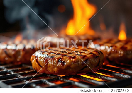 Succulent Flame-Grilled Gourmet Beef Patties Sizzling on Open Barbecue with Rising Flames A Culinary Masterpiece in Premium Food Photography 123782280