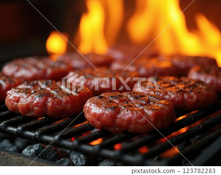 Succulent Flame-Grilled Gourmet Beef Patties Sizzling on Open Barbecue with Rising Flames A Culinary Masterpiece in Premium Food Photography 123782283