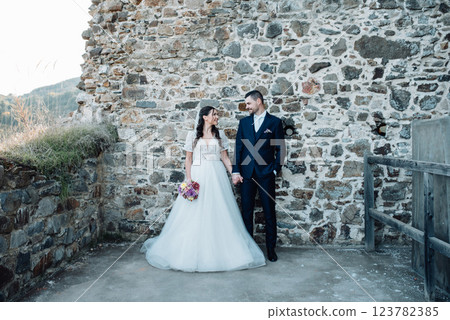 Bride and groom holding hands, looking at each other. Wedding couple standing outside near ruins. 123782385