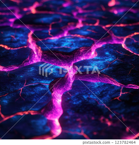 A close-up of the cracked, dry earth, under which neon purple lava is visible, showing a striking contrast of textures and colors. Vertical image 123782464