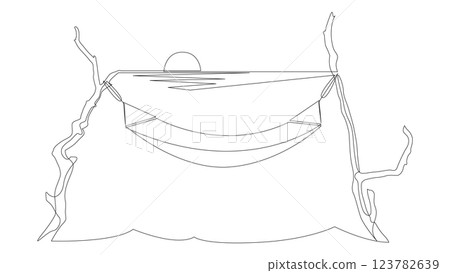 Continuous one line drawing of hammock hanging on the trees with a sunset on the sea in the background. Minimalist single line style vector illustration, editable stroke. Continuous one line drawing of hammock hanging on the trees with a sunset on the sea in the background. Minimalist single line style vector illustration, editable stroke. 123782639