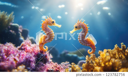 seahorse couple underwater between colorful corals 123782756