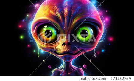 cute futuristic alien glowing in neon colors illustration 123782759