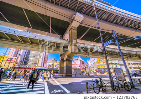 Tokyo cityscape in Japan: View of Sangenjaya Station, Sangenjaya intersection, Metropolitan Expressway, etc. 123782765