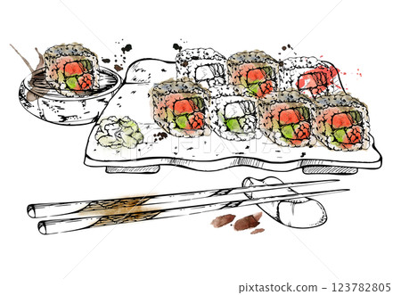 Japanese food sushi roll set on ceramic plate, chopsticks on rest, soy sauce dish, raw fish salmon avocado tuna sesame, hand drawn in watercolor, ink. Illustration restaurant, cafe menu, recipe book Japanese food sushi roll set on ceramic plate, chopsticks on rest, soy sauce dish, raw fish salmon avocado tuna sesame, hand drawn in watercolor, ink. Illustration restaurant, cafe menu, recipe book 123782805