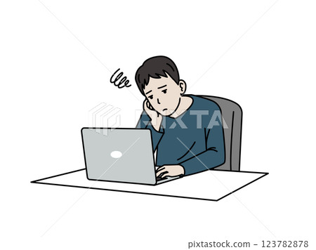 Illustration of a young man in trouble in front of a laptop 123782878