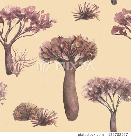 Watercolor seamless pattern of African trees and savanna plants isolated. Hand drawn baobabs and acacias in warm brown tones for safari decor, boho wallpaper, adventure prints on repeat background. 123782927