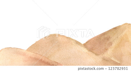 Sandy hills Gobi desert watercolor illustration isolated on white. Landscape dunes hand painted. Scenic desert of golden sand and hills sienna colors on horizon banner for design travel agency. 123782931