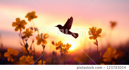 hummingbird silhouette flutters among golden canola flowers at sunset, creating dreamy scene 123783054
