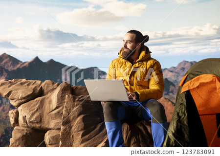 Young entrepreneur always connected to internet to do some tasks, workaholic person enjoying high speed strong signal and technology dependency. Adventurer with a web addiction. 123783091