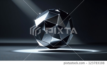 Polygonal sphere, metal texture, black background 123783108