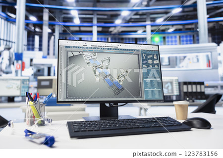 PC screen in solar panels manufacturing plant used to study solar energy systems. Close up of computer display on desk in empty photovoltaics factory used to improve efficiency and innovate PC screen in solar panels manufacturing plant used to study solar energy systems. Close up of computer display on desk in empty photovoltaics factory used to improve efficiency and innovate 123783156