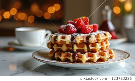 Enjoying delicious Belgian waffles topped with strawberries during a cozy breakfast setting 123783226