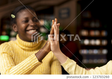 Confident diverse friends having fun and sharing a high five in the library, being proud of their finished school assignment. Happy adorable teen girls with a beautiful friendship. Close up. Confident diverse friends having fun and sharing a high five in the library, being proud of their finished school assignment. Happy adorable teen girls with a beautiful friendship. Close up. 123783260