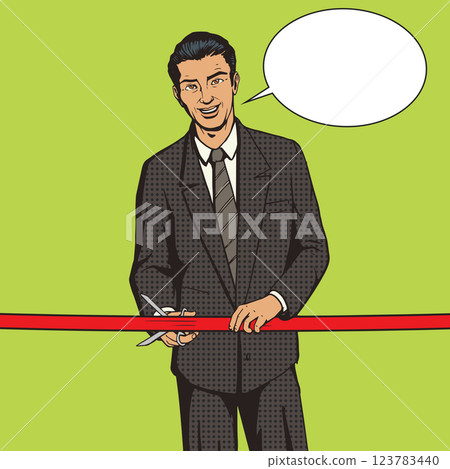 Man cuts red ribbon pop art style vector 123783440