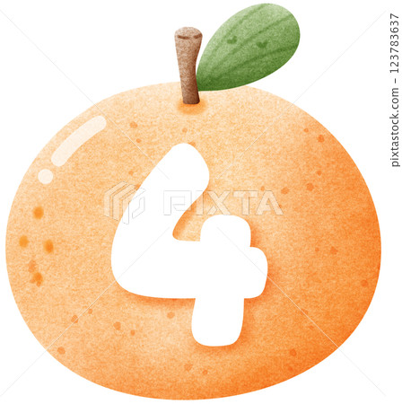 Watercolor number 4 letter with orange, hand drawn number clipart with fruit for kids, worksheet 123783637
