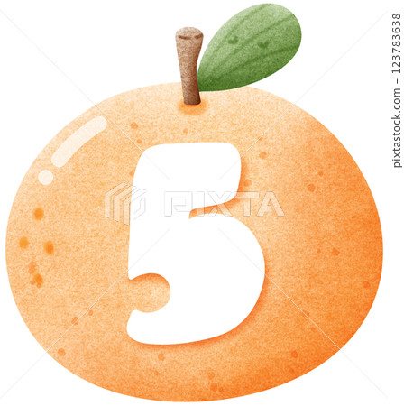 Watercolor number 5 letter with orange, hand drawn number clipart with fruit for kids, worksheet 123783638