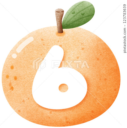 Watercolor number 6 letter with orange, hand drawn number clipart with fruit for kids, worksheet 123783639