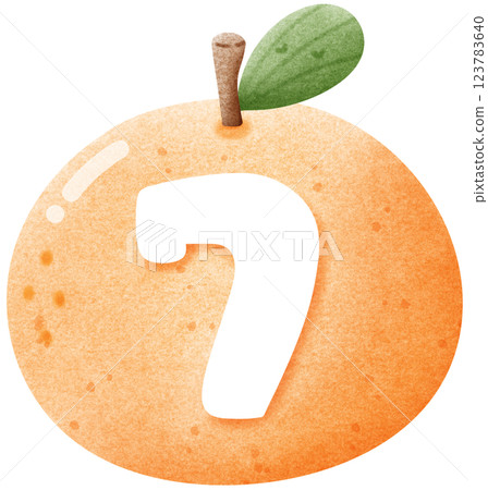 Watercolor number 7 letter with orange, hand drawn number clipart with fruit for kids, worksheet 123783640